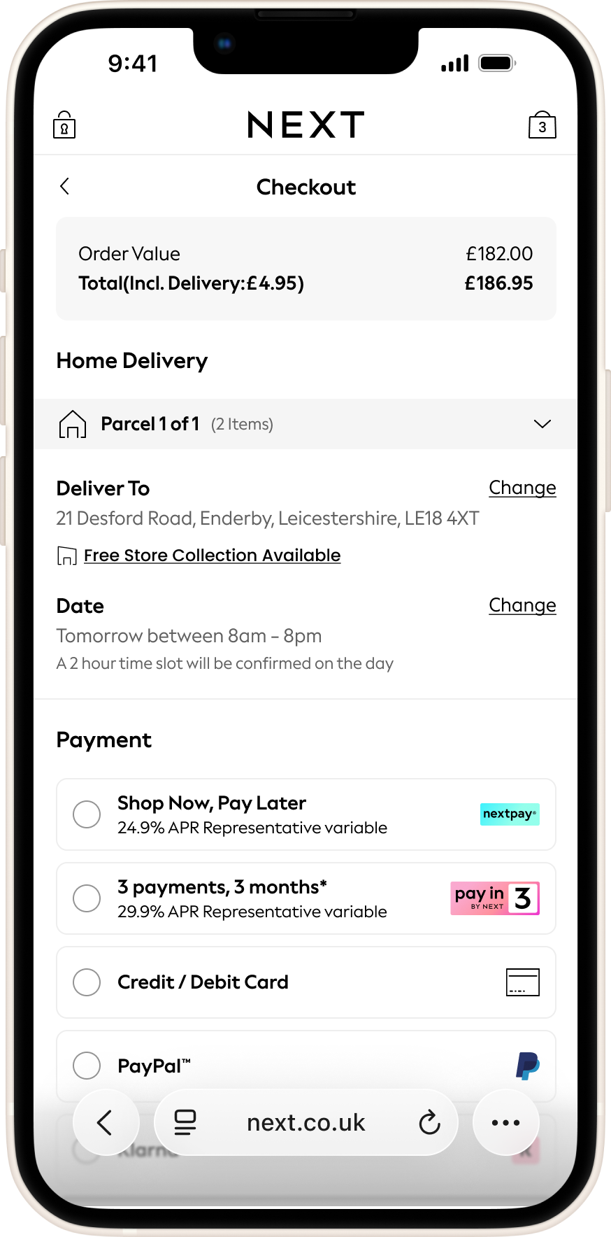 Next single-page checkout on a phone, showing delivery and payment options.