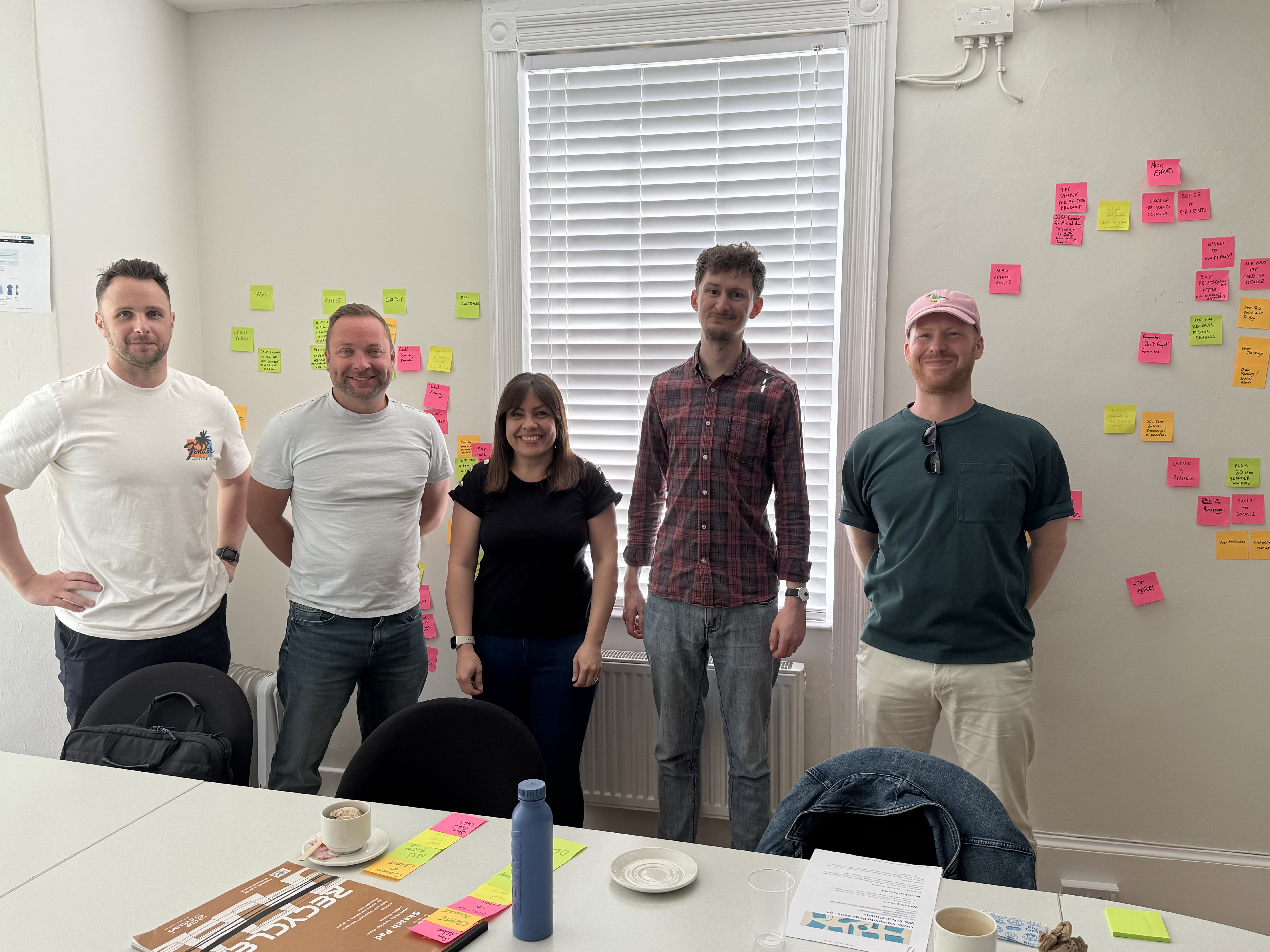 Five team members at a UX workshop, standing beside walls covered with sticky notes.