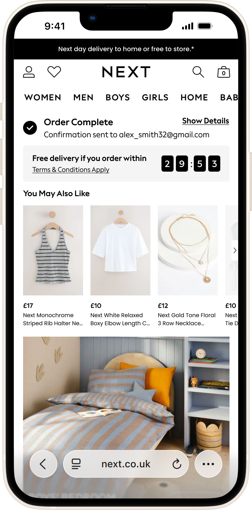 Next order-complete screen on a phone, showing confirmation and product recommendations.